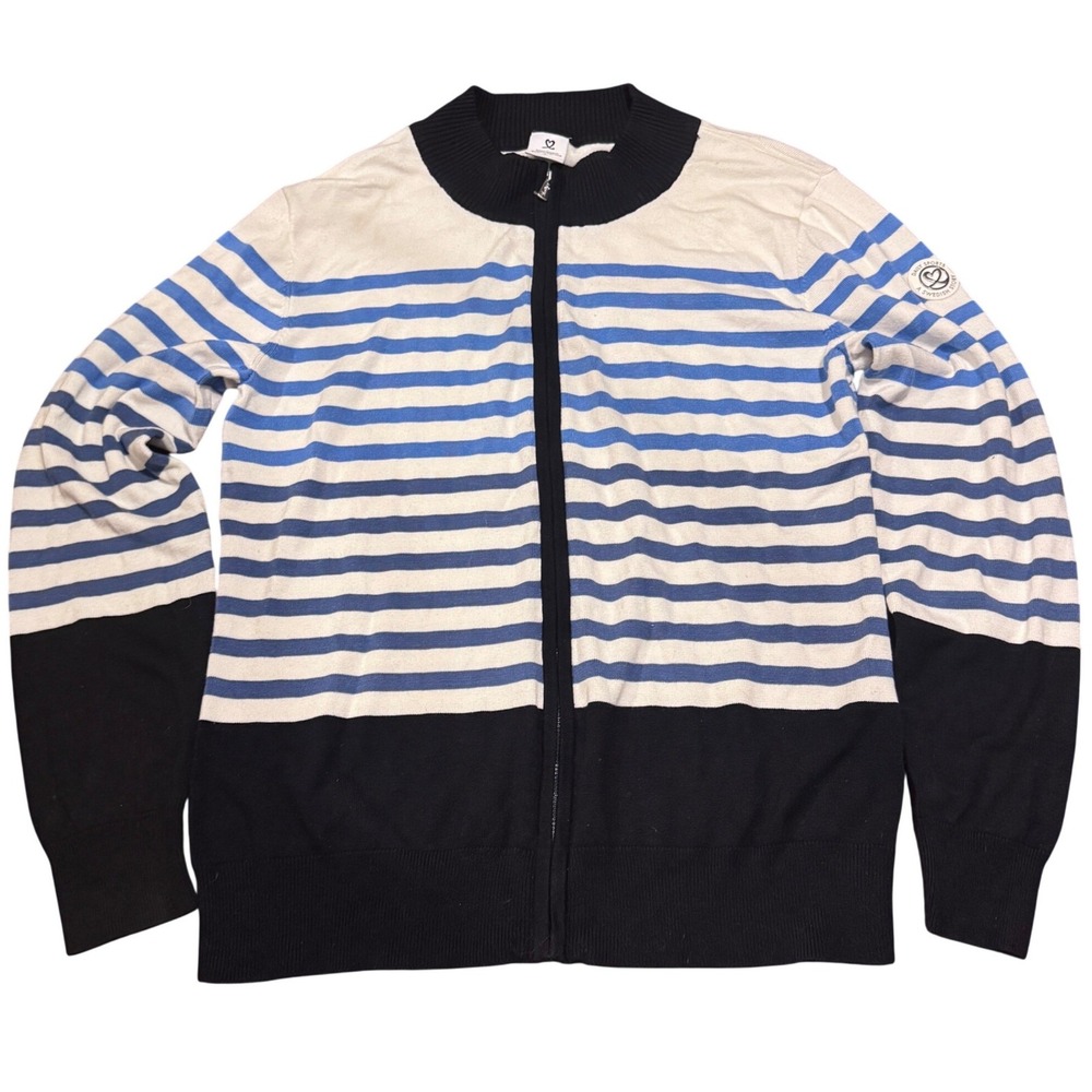 Daily Sports Sweden Womens L Blue‎ White Striped Full Zip Golf Sweater Viscose